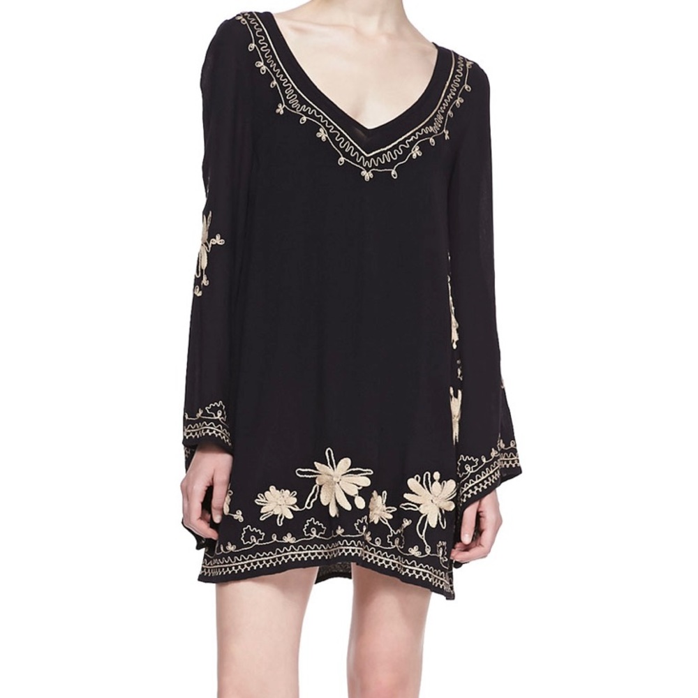 Free People Black Embroidered Tunic Dress With Bell Sleeves, Size Small
